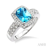 8x6 MM Cushion Cut Blue Topaz and 1/3 Ctw Round Cut Diamond Ring in 14K White Gold