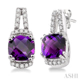 7 MM Cushion Cut Amethyst and 1/4 Ctw Round Cut Diamond Earrings in 14k White Gold