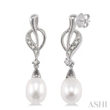 8x6MM Drop Shape Cultured Pearls and 1/10 Ctw Round Cut Diamond Drop Earrings in 14K White Gold