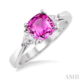 6x6MM Cushion Cut Pink Sapphire and 1/3 Ctw Trillion Cut Diamond Ring in 14K White Gold