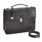 Top Grain Leather Croc Texture Black Briefcase/Messenger Bag with Zip Pocket, Pen Pockets, Key Fob, and Detachable Shoulder Strap