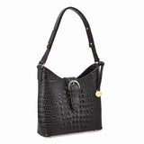 Top Grain Leather Croc Texture Black Zip-Top Handbag with Adjustable Strap, 2 Zip Pockets, 2 Slip Pockets, Key Fob Holder