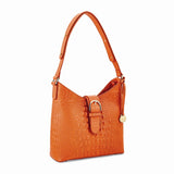Top Grain Leather Croc Texture Marigold Orange Zip-Top Handbag with Adjustable Strap, 2 Zip Pockets, 2 Slip Pockets, Key Fob