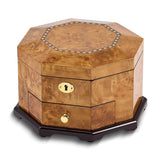 Luxury Giftware High Gloss Rustic Burlwood Veneer w/Scrolled Inlay One Drawer Octagonal Locking Wooden Jewelry Box