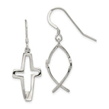 Sterling Silver Cross Ichthus Dangle Earrings