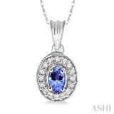 6x4 MM Oval Cut Tanzanite and 1/5 Ctw Round Cut Diamond Pendant in 14K White Gold with Chain