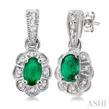 5x3mm Oval Cut Emerald and 1/10 Ctw Single Cut Diamond Earrings in 10K White Gold