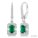 5x3 MM Octagon Cut Emerald and 1/2 Ctw Round Cut Diamond Earrings in 14K White Gold