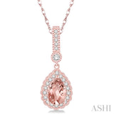 7x5 MM Pear Shape Morganite and 1/5 Ctw Round Cut Diamond Pendant in 14K Rose Gold with Chain