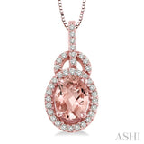8x6 MM Oval Cut Morganite and 1/4 Ctw Round Cut Diamond Pendant in 14K Rose Gold with Chain