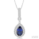 7x5 MM Pear Shape Sapphire and 1/5 Ctw Round Cut Diamond Pendant in 14K White Gold with Chain