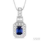 7x5 MM Octagon Cut Sapphire and 1/2 Ctw Round and Baguette Cut Diamond Pendant in 14K White Gold with Chain