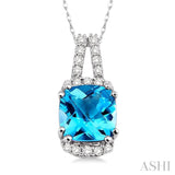 8x8 MM Cushion Cut Blue Topaz and 1/5 Ctw Round Cut Diamond Pendant in 14K White Gold with Chain