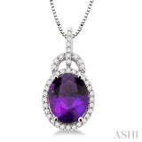 11x9 MM Oval Cut Amethyst and 1/3 Ctw Round Cut Diamond Pendant in 14K White Gold with Chain