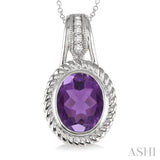 Silver Oval Shape Gemstone & Diamond Pendant