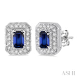 5x3 MM Octagon Cut Sapphire and 1/4 Ctw Round Cut Diamond Earrings in 14K White Gold