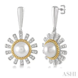 1/5 Ctw Sunflower 6x6MM Cultured Pearls & Round Cut Diamond Earring in 10K White and Yellow Gold