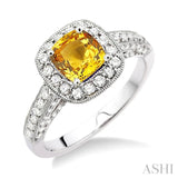 6x6mm Cushion Cut Yellow Sapphire and 7/8 Ctw Round Cut Diamond Ring in 14K White Gold