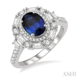 3/4 Ctw Oval Shape 8x6 MM Sapphire, Baguette and Round Cut Diamond Precious Ring in 14K White Gold