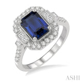 1/2 Ctw Octagonal Shape 8x6 MM Sapphire and Princess, Baguette and Round Cut Diamond Precious Ring in 14K White Gold