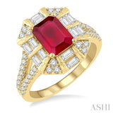 1 Ctw Octagonal Shape 8x6 MM Ruby, Baguette and Round Cut Diamond Precious Ring in 14K Yellow Gold