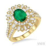 1 Ctw Lattice Oval Shape 8x6 MM Emerald, Baguette and Round Cut Diamond Precious Ring in 14K Yellow Gold