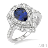 1 Ctw Pear Shape 8x6 MM Sapphire, Baguette and Round Cut Diamond Precious Ring in 14K White Gold