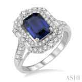3/4 Ctw Octagonal Shape 8x6 MM Sapphire, Baguette and Round Cut Diamond Precious Ring in 14K White Gold