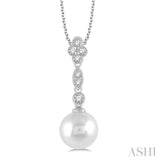 8MM Cultured Pearl and 1/6 ctw Floral Dangler Round Cut Diamond Pendant With Chain in 14K White Gold