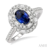 1/2 Ctw Oval Shape 7x5 MM Sapphire, Round Cut & Baguette Diamond Precious Ring in 14K White Gold