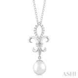 1/10 ctw Fleur De Lis 7X7MM White Cultured Pearl and Round Cut Diamond Pendant With Chain in 10K White Gold